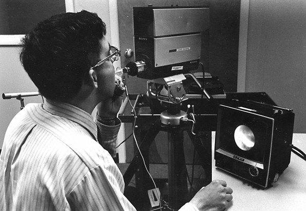 Roy Anderson, director of the Andrews University speech clinic, with a panendoscope