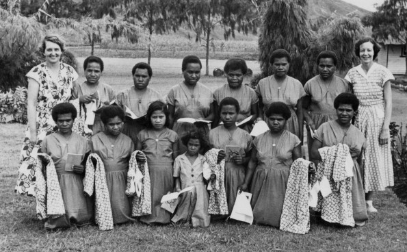 Women from the Kabiufa area in New Guinea who are attending the mission school. This picture shows the seniors wearing dresses they have made for themselves