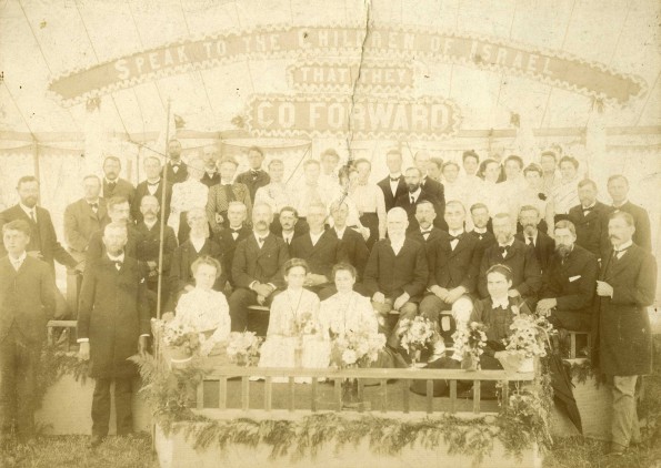 Minister and Bible workers at the last Seventh-day Adventist state camp meeting to be held at Alma, Michigan., August 20 to Sept. 7, 1902.