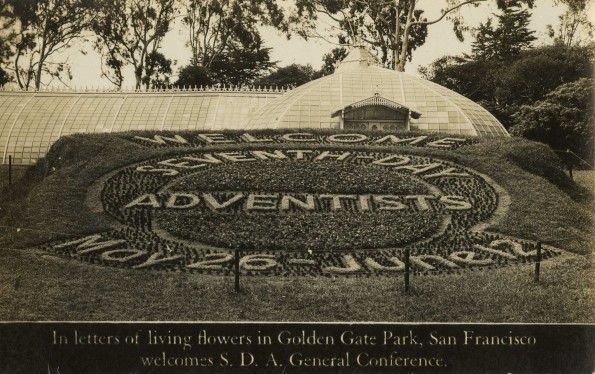 In letters of living flowers in Golden Gate Park, San Francisco welcomes the General Conference of Seventh-day Adventists, 42nd Session, 1930, at San Francisco, California