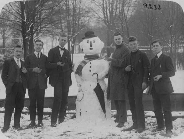 Clinton Theological Seminary young men and their snowman, 1923