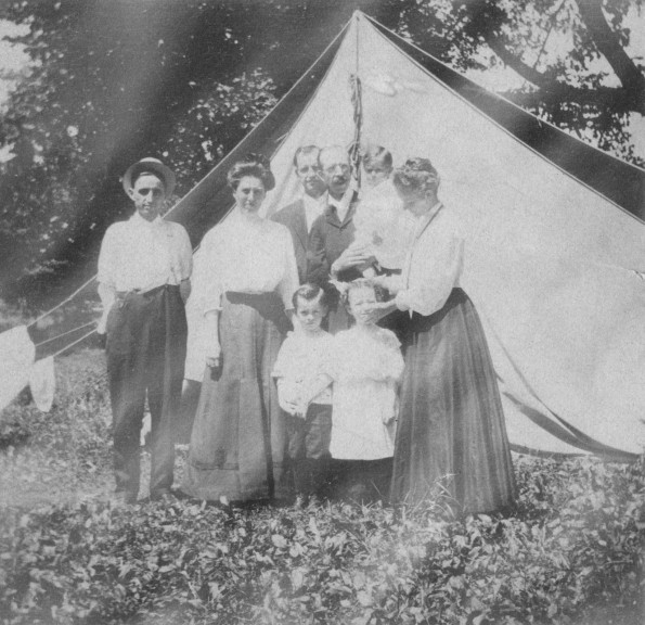 Harris family group outside their tent at the Michigan Conference camp meeting, about 1909 or 1910