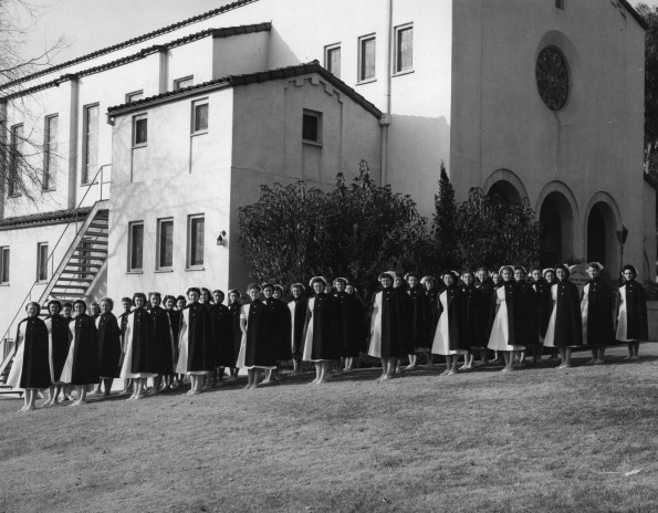 College of Medical Evangelists School of Nursing graduating class outside the church, 1940s