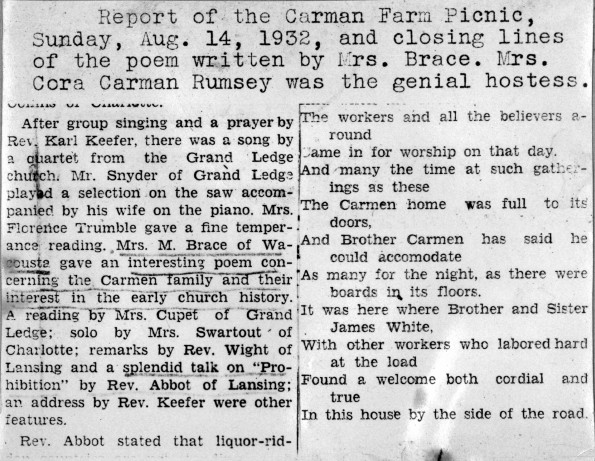 Report of the Carman Farm Picnic, Sunday, Aug. 14, 1932