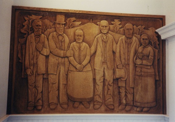 Atlantic Union College relief scupture by Wayne Hazen showing early church pioneers, 2001