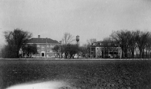 Broadview College campus view of College Hall and dormitory, about 1924