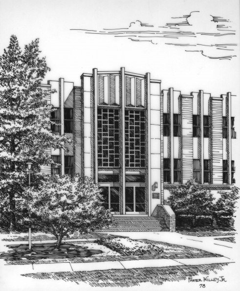 Artist drawing of Andrews University Administration Building [original art]