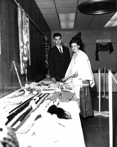Mr. and Mrs. Milton Siepman display objects from Rhodesia (Zimbabwe) as part of the World Mission Exhibit at Andrews University Feb. 21 thru Mar. 1, 1967