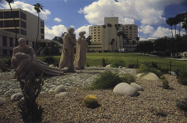 Loma Linda University Good Samaritan sculpture with the School of Dentistry and the Medical Center before the addition of the Chan Shun and Coleman pavilions
