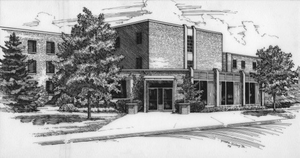Artist drawing of Andrews University Lamson Hall west entrance [original art]