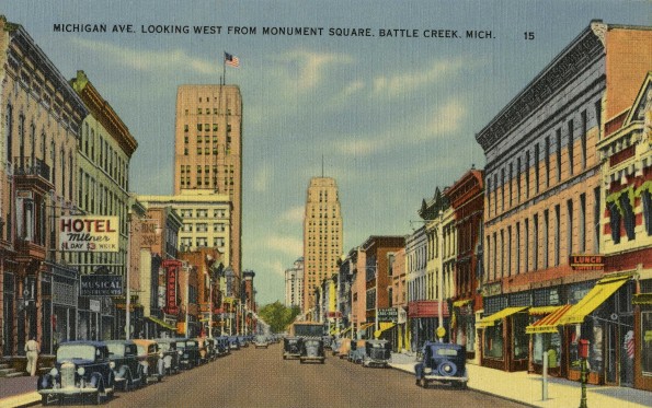 Battle Creek, Michigan, Michigan Avenue looking west from Monument Square [drawing]