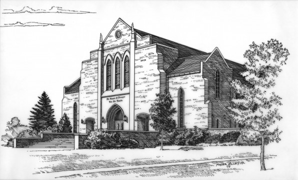 Artist drawing of Andrews University Pioneer Memorial Church [original art]