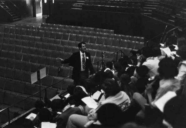 Festival of Faith, Lincoln Nebraska, 1978, Chet Damron speaking to a section of Festival attendees