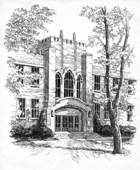 Artist drawing of Andrews University Nethery Hall [original art]
