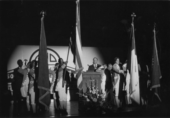Four Flags Pathfinder Club of Niles presenting colors at the opening session of the North American Division Higher Education Conference at Andrews University, August 9, 1976