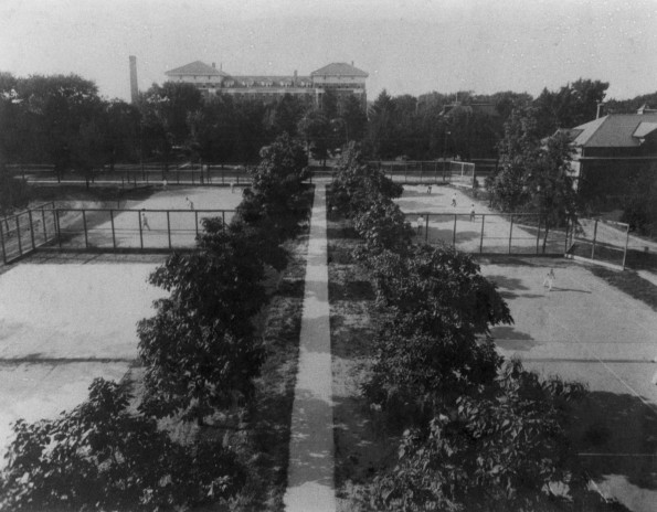Battle Creek Sanitarium tennis courts with the Annex Building visable in the background
