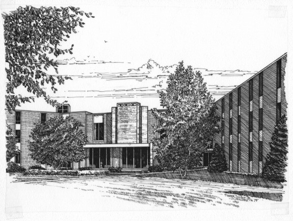 Artist drawing of Andrews University Meier Hall [original art]