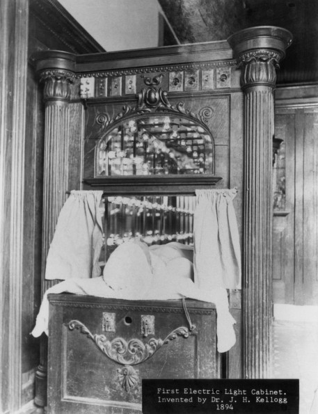 Battle Creek Sanitarium's first electric light cabinet, invented by Dr. John H. Kellogg, 1894