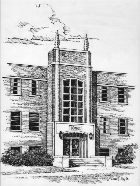 Artist drawing of Andrews University music building [original art]