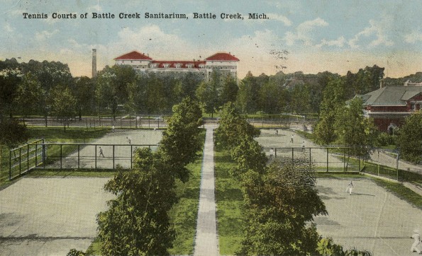 Battle Creek Sanitarium tennis courts with the Annex Building visable in the background [drawing]