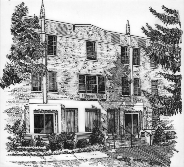 Artist drawing of Andrews University Lamson Hall east entrance [original art]