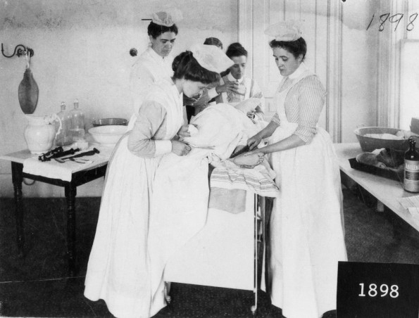 Battle Creek Sanitarium nurses practice a treatment, 1898