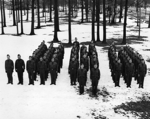 Medical Cadet Corps company at attention in the snow at Grand Ledge training ground
