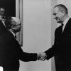 Andrews University president Richard L Hammill meets the President of United States Lyndon Baines Johnson, 1967