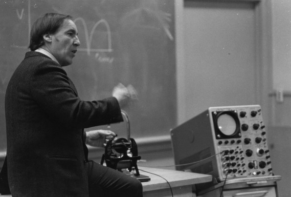 Pacific Union College professor using an oscilloscope during class