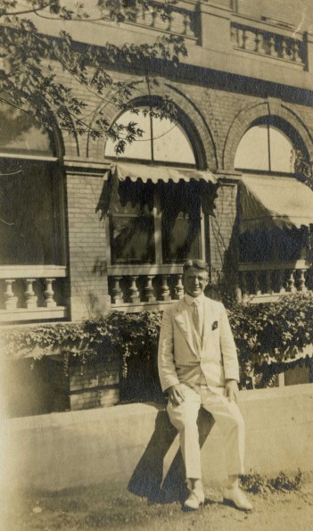 Ray Ashley at Battle Creek Sanitarium in front of John Harvey Kellegg's office