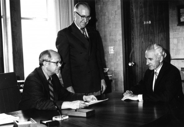 Andrews University president Richard L. Hammill with Thomas Sinclair Geraty and Paul E. Hamel