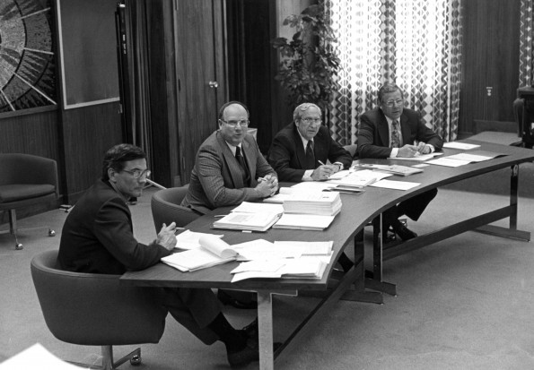 Andrews University president Joseph Grady Smoot at the board of trustees meeting in 1977