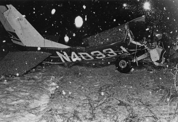 Plane wreckage in a snowy field near Andrews University Airport