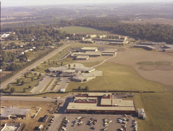 Andrews University aerial view showing Apple Valley Market, Ruth Murdoch Elementary School , Andrews Academy and University Apartment Complex