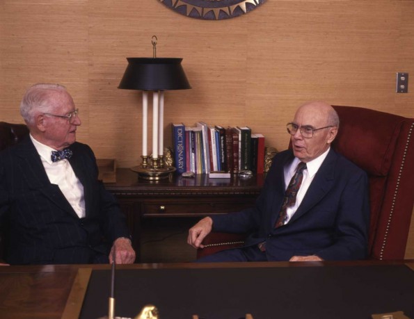 W. Richard Lesher and Floyd Rittenhouse converse at Andrews University president's office