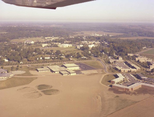 Andrews University aerial view showing Andrews Academy and campus apartments