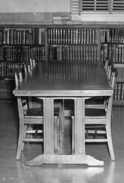 [Table and chairs newly built for Emmanuel Missionary College library]
