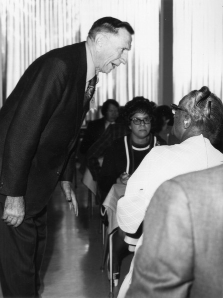 [Erwin E. Cossentine talking with Mrs. Burrell at Andrews University's 1972 alumni homecoming]