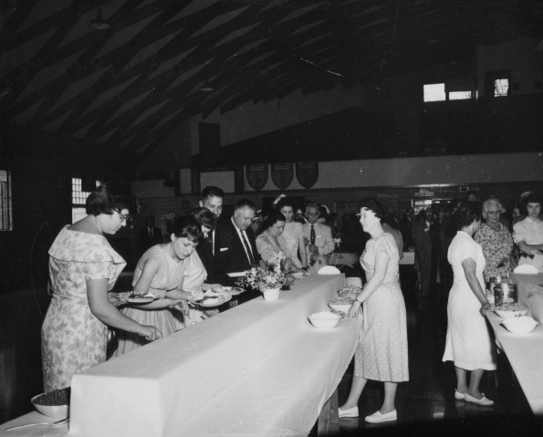 Food line at the Andrews University alumni Homecoming banquet, 1960