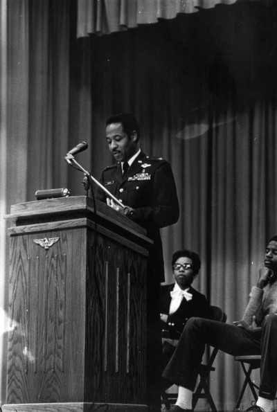 Colonel Leonard W. Johnson, Jr. speaks in Johnson Gymnasium at Andrews University