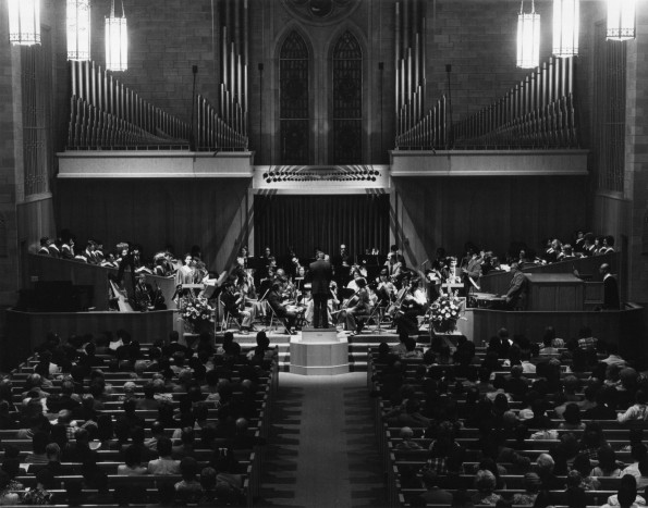 [Orchestral performance at Pioneer Memorial Church as part of the Sabbath worship service during the 1974 Andrews University alumni homecoming weekend]
