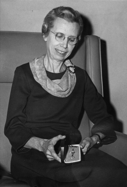[Marjorie Hamp with her service award for 33 years of service to Andrews University]