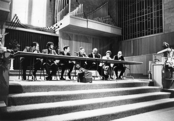 [Panel discussion in Pioneer Memorial Church during Andrews University's 1973 almuni homecoming]