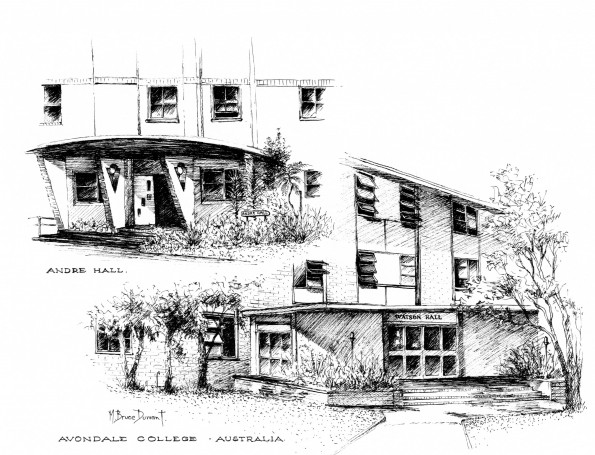 Sketch of Avondale College residence halls, Andre Hall and Watson Hall