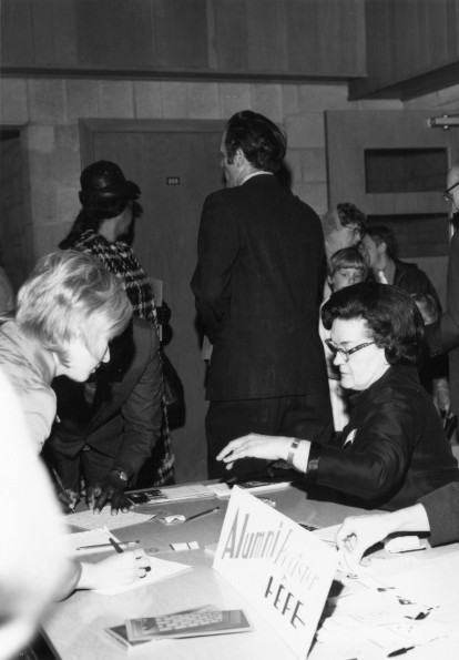 [Mrs. Barclay registering at alumni homecoming weekend at Andrews University, 1972]