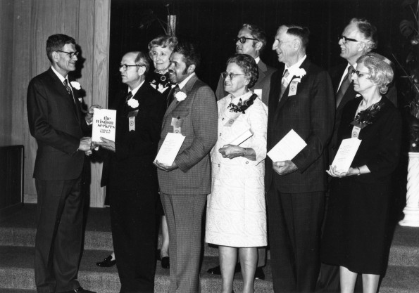 [Wilson Trickett presenting a copy of The Wisdom Seekers to Andrews University President Richard Hammill during the 1972 homecoming]