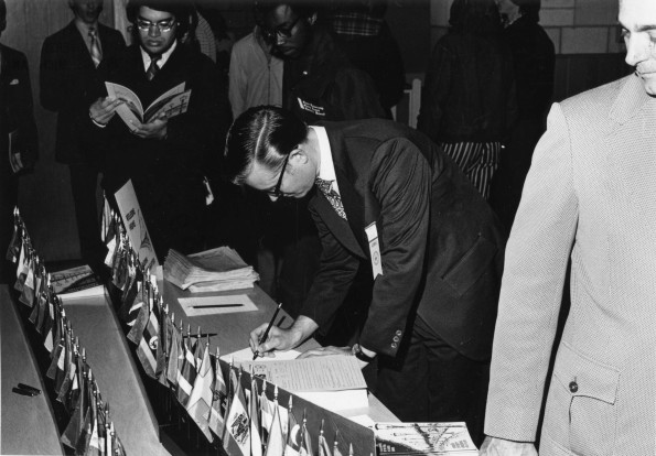 [Kendall Hill registering for Andrews University alumni homecoming weekend, 1973]