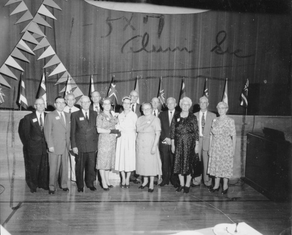 Group photograph of some attendees at the Andrews University alumni Homecoming weekend of 1960