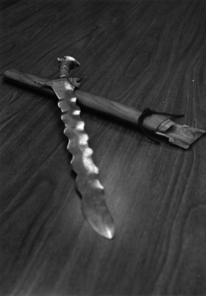 [A dagger that belonged to a Moro tribesman, pictured in the Heritage Room within the James White Library]