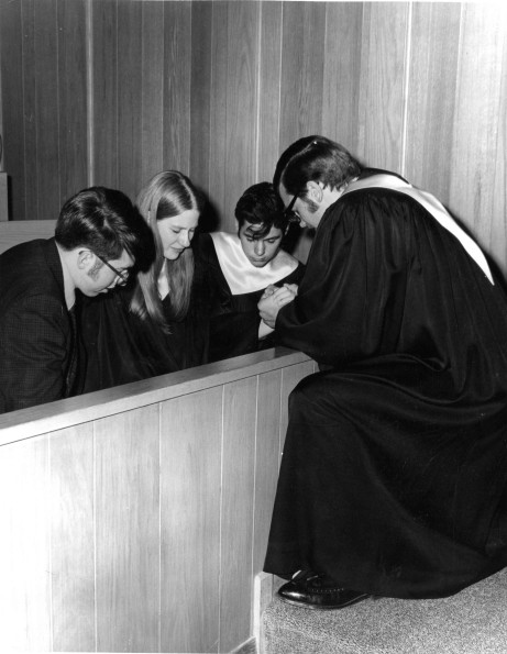 [Students pray during a 1970 Andrews University spiritual renewal]